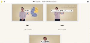 Screenshot der Website "Gebärdengrips" mit Videothemen der Kategorie "Gebärdensprachpoesie"