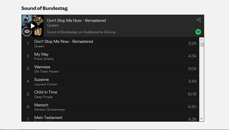 Screenshot: Spotify-Playlist des Bundestags