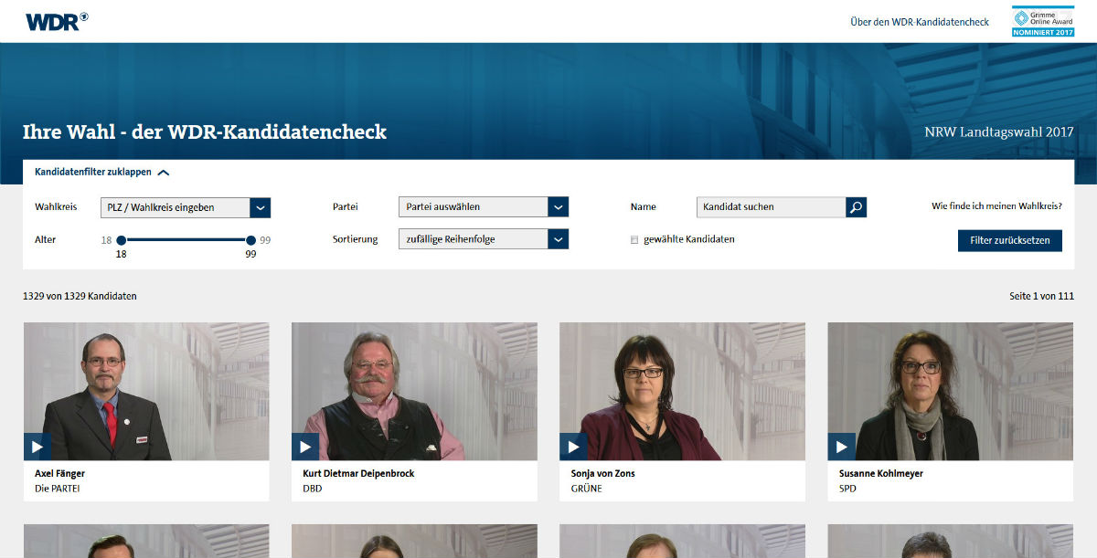 Screenshot: Die Website von „Ihre Wahl – der WDR-Kandidatenchecks. Die User können selbständig ihre Kandidaten anhand verschiedener Kategorien suchen