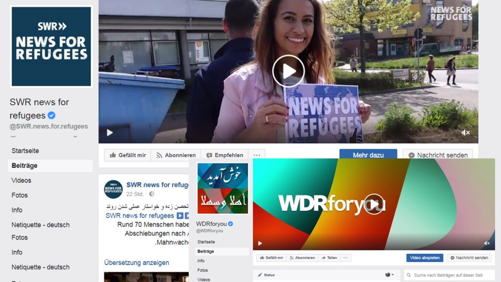 Screenshots der Facebookseiten "SWR - News for refugees" und "WDRforyou"