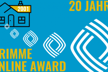 Illustration mit Schrift "20 Jahre Grimme Online Award": ein kleines Logo des GOA vor einem Wohnhaus mit der Aufschrift "2001" entfernt sich immer weiter vom Haus und wird dabei größer.