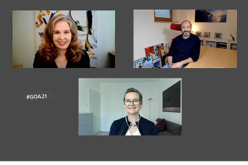 Vera Lisakowski (links oben), Michael Schwertel (rechts oben) und Frauke Gerlach (mittig unten) stellten die 28 Nominierungen des Grimme Online Award 2021 im Stream vor. (Foto: Screenshot)
