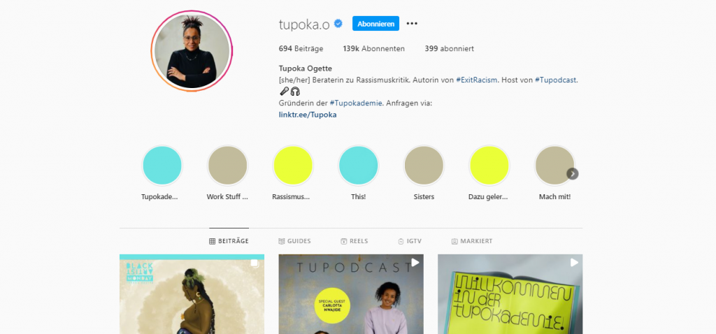 Screenshot "Tupoka Ogette auf Instagram"